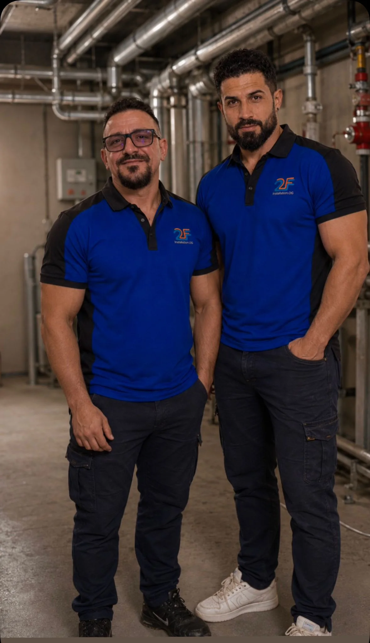 Baygül Orhan und Rada Cristian-Adelin — die zwei Gesellschafter von 2F Installation OG in blau-schwarzen 2F-Polos, vor metallenen Heizungs- und Versorgungsrohren im technischen Untergeschoss in 1180 Wien